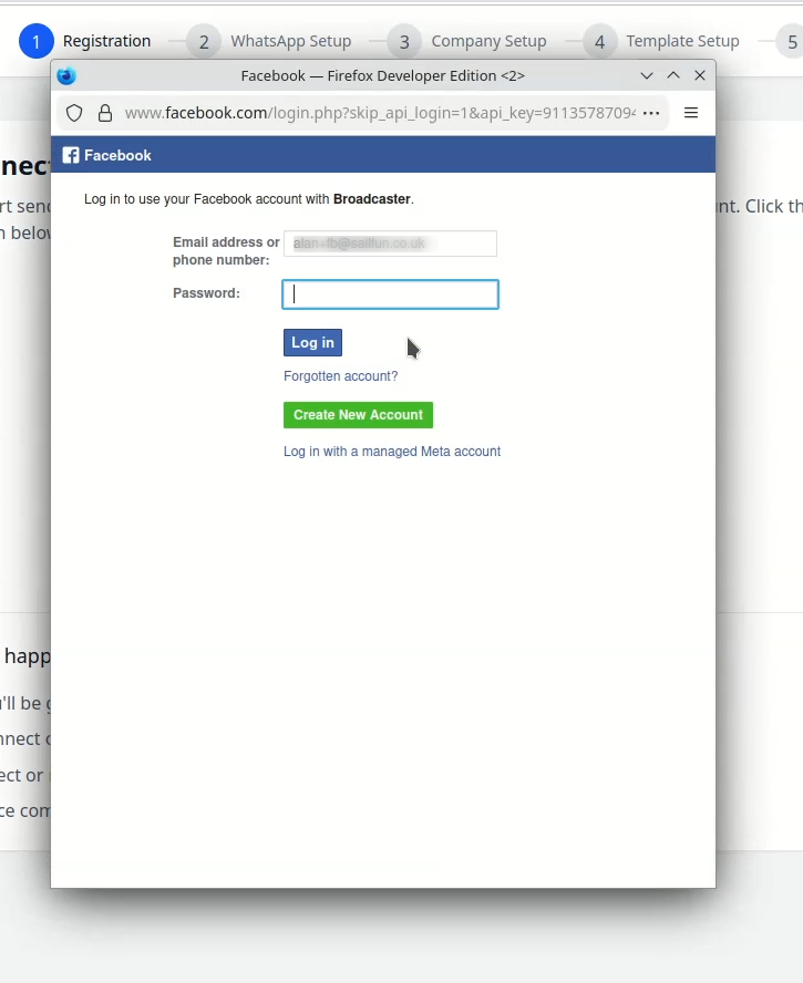 Meta embedded signup widget showing Facebook login