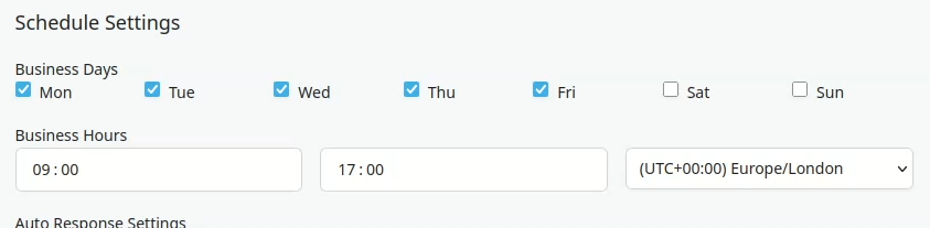 Business hours configuration with day checkboxes and time selectors