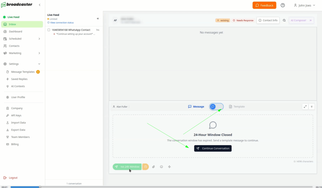 Message Hub interface with contact list and message area