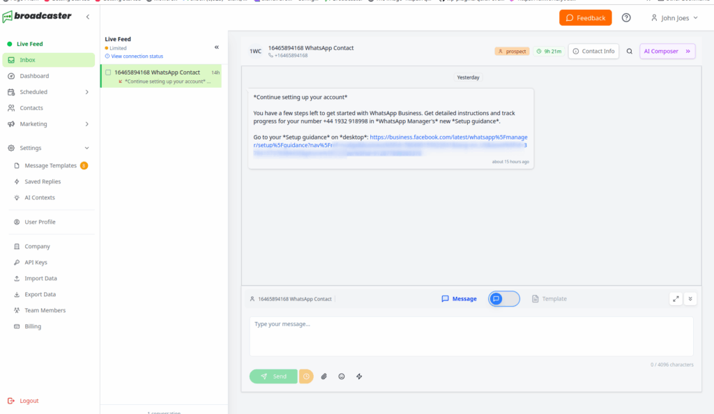 Set up WhatsApp business account message