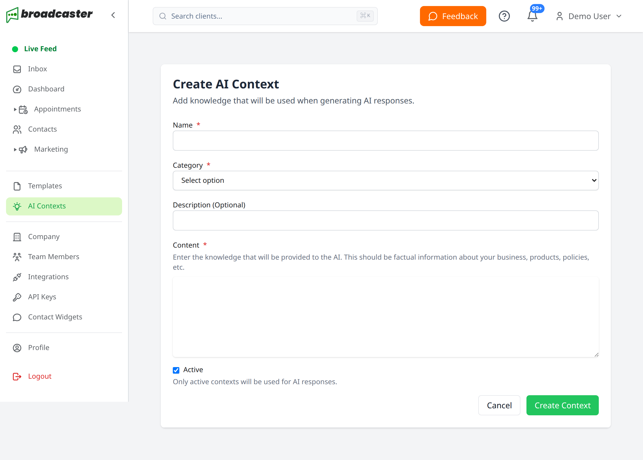 Create AI context form for adding business knowledge