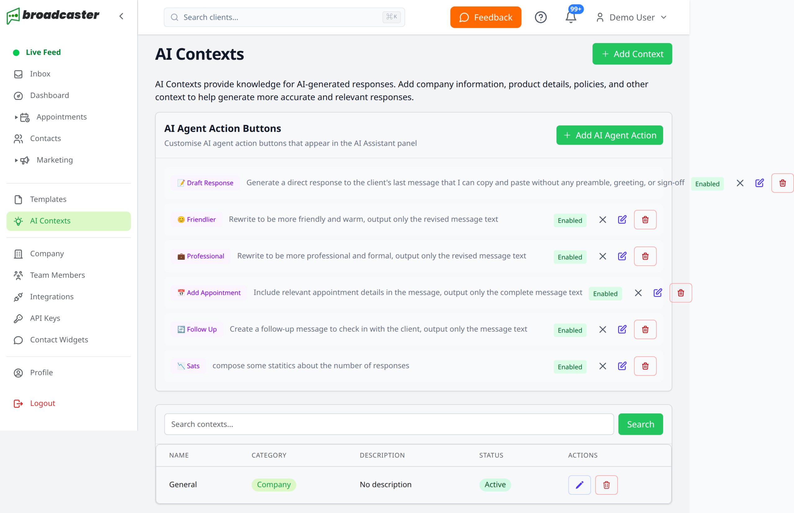AI Contexts management page with AI agent action buttons