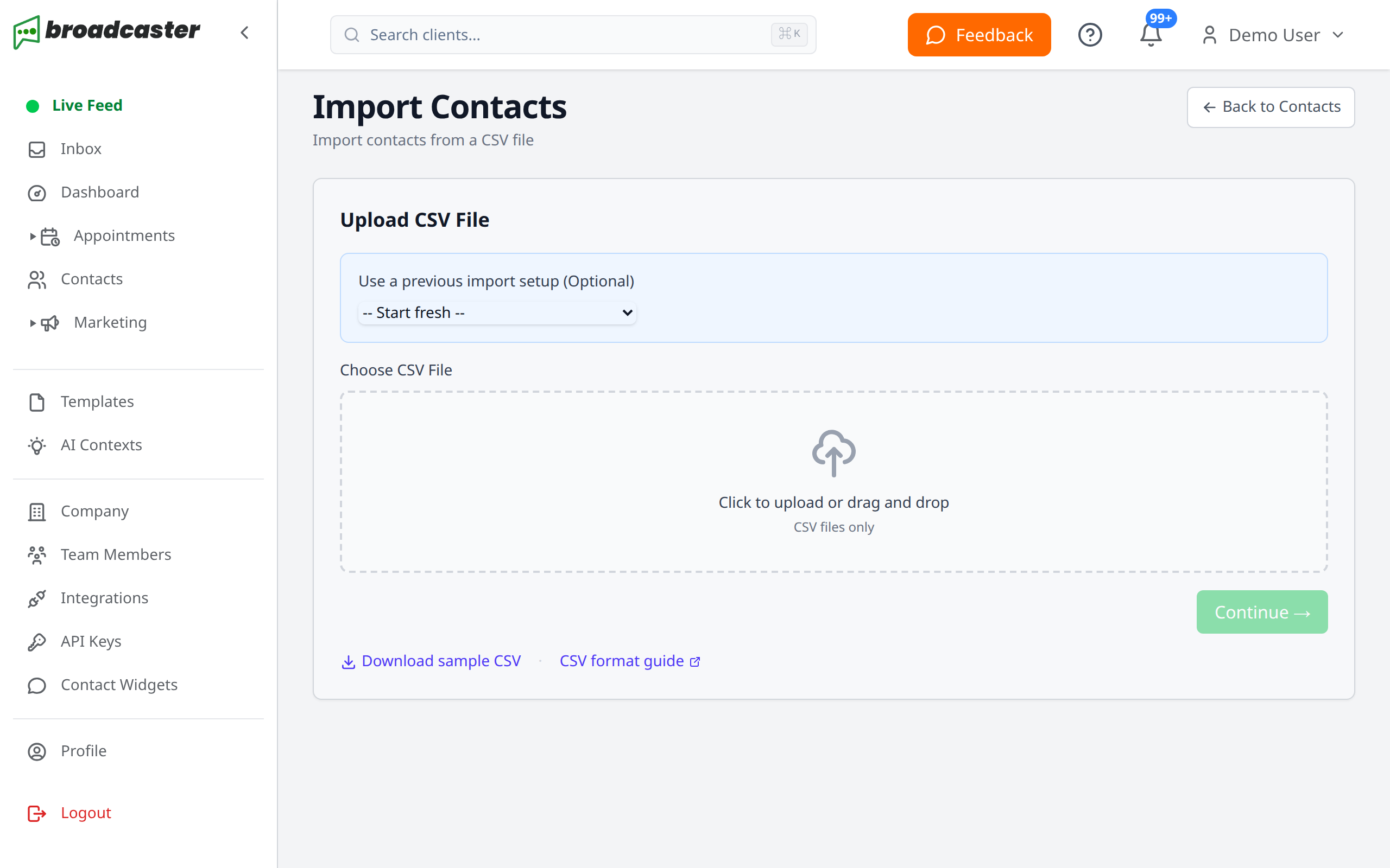 Import contacts page with CSV upload and sample download