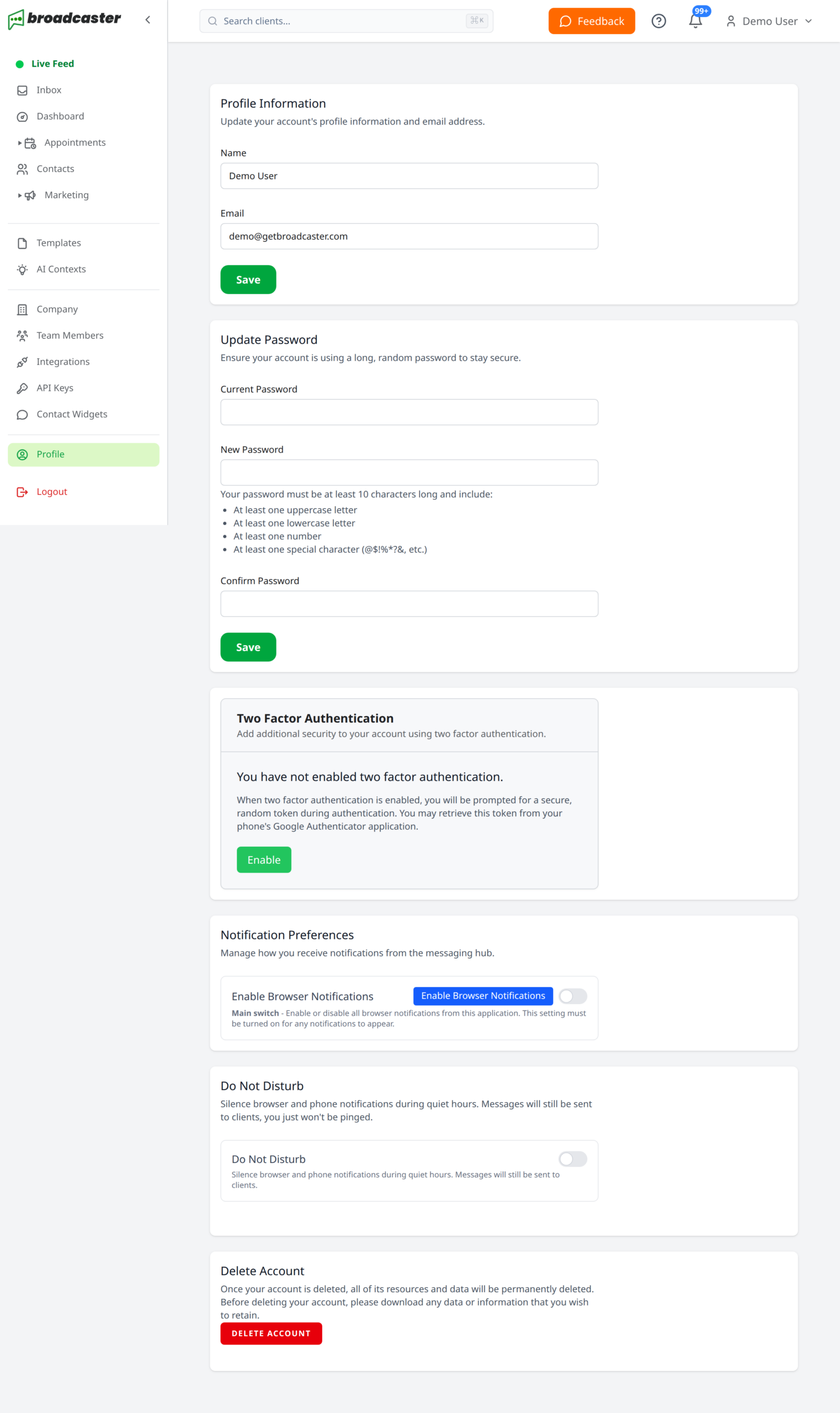 Profile settings including password and two factor authentication