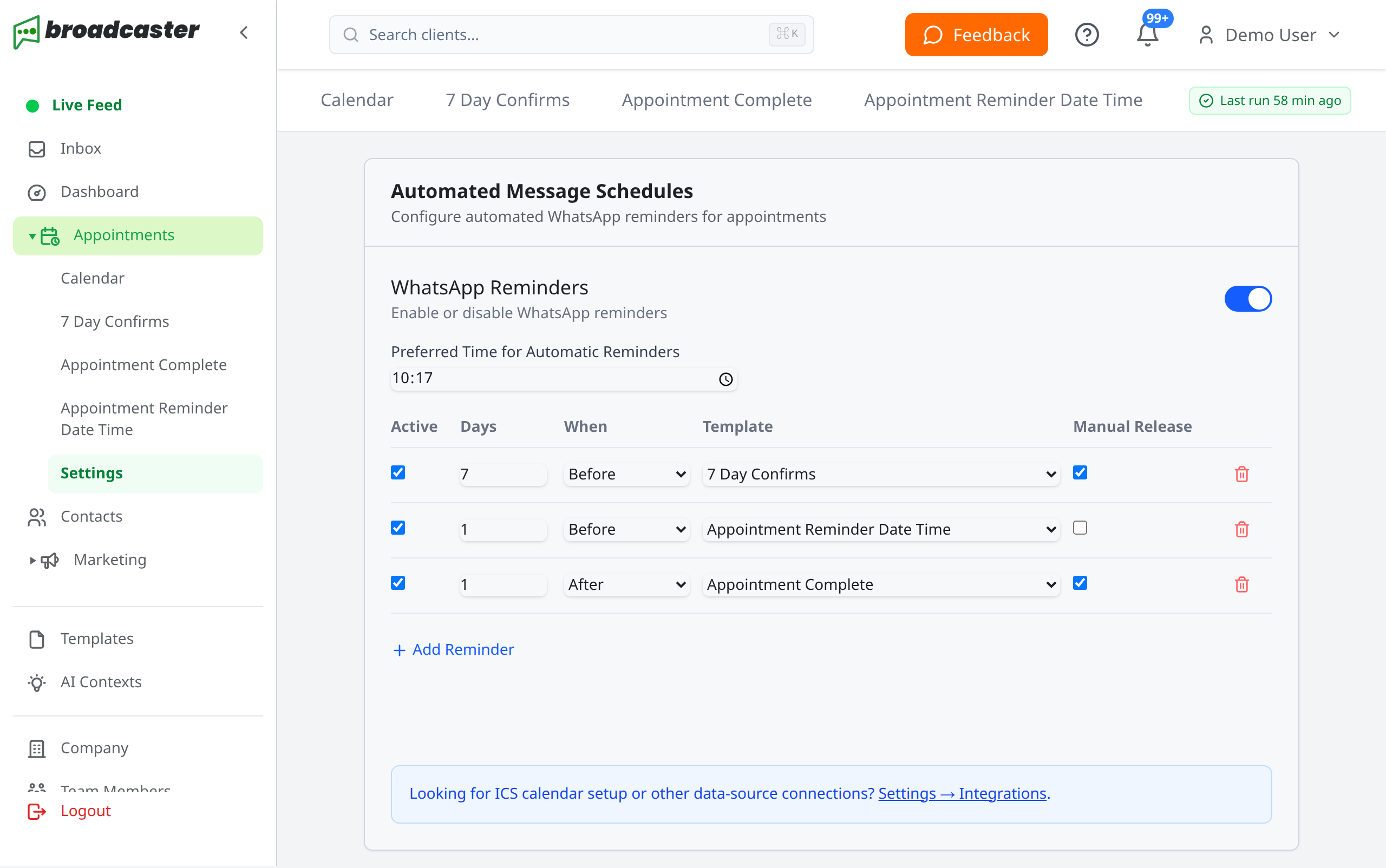 Automated message schedules settings page