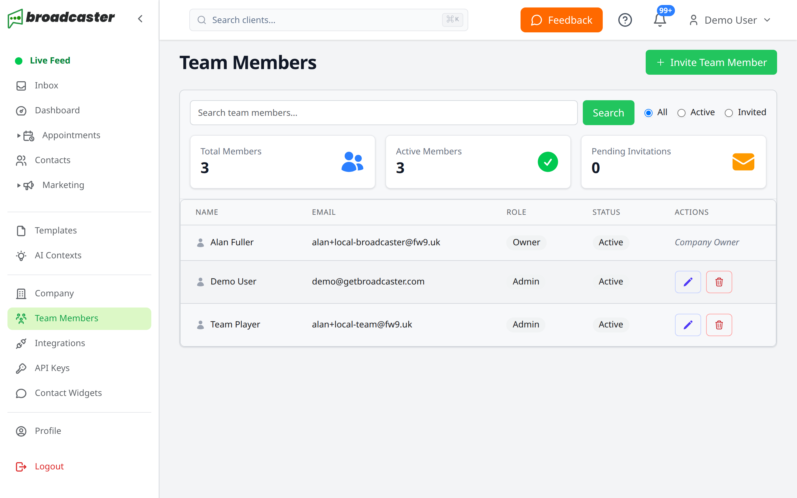 Team Members management page